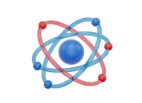 Abstract 3D Atom Model with Blue Nucleus Red and Blue Orbiting Electrons on Transparent Background