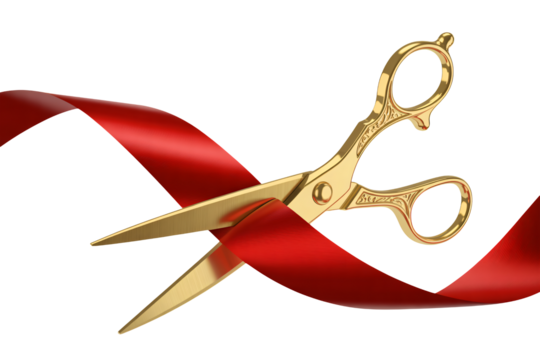 Gold scissors cutting red ribbon, perfect for grand opening, celebration, or awards ceremony with elegant design and professional appeal