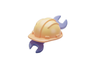 3D Yellow Hard Hat With Purple Wrench Symbol Isolated On Transparent Background For Construction And Repair Services