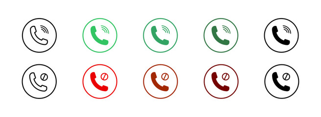 Call status icon set featuring phone symbols for accepted, blocked and missed calls in outline and colored styles. Includes green, red, brown and black variations suitable for communication, mobile an