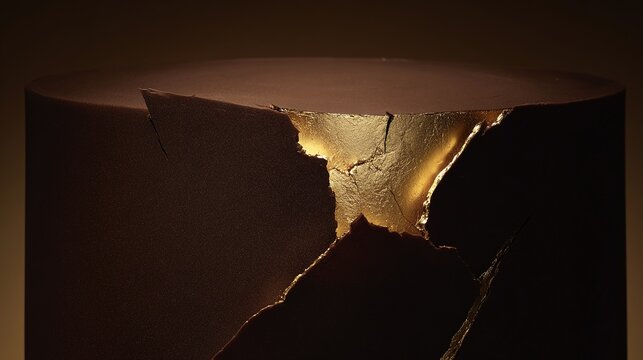Elegant chocolate cake with gold kintsugi design in low light