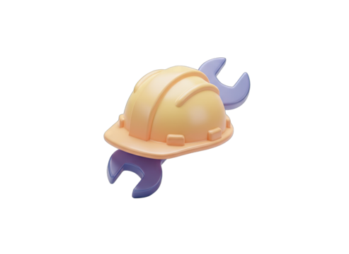 3D Yellow Hard Hat With Purple Wrench Symbol Isolated On Transparent Background For Construction And Repair Services