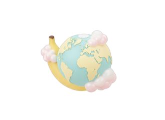 A 3D Pastel Yellow Banana And A Pixelated Earth Icon With Soft Clouds In A Transparent Background