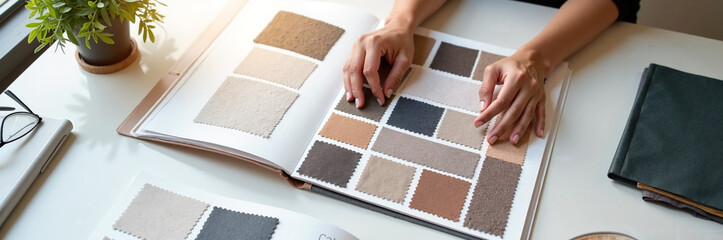 Sample book in interior design concept showing carpet swatches, hand pointing at carpet swatches, and design materials, on white table. Sample book of flooring, colors,