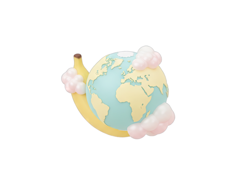 A 3D Pastel Yellow Banana And A Pixelated Earth Icon With Soft Clouds In A Transparent Background