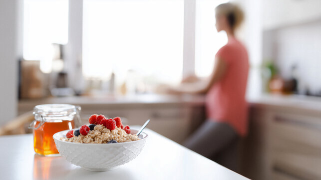 Gesundes Fr&uuml;hst&uuml;ck mit Haferflocken und Beeren &ndash; frische Morgenstimmung in moderner K&uuml;che
