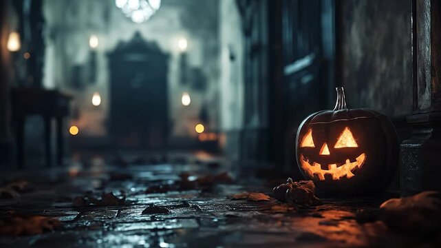 A carved pumpkin grins on the cobblestone floor, surrounded by scattered autumn leaves. The dimly lit hallway enhances the festive Halloween atmosphere, inviting curiosity.