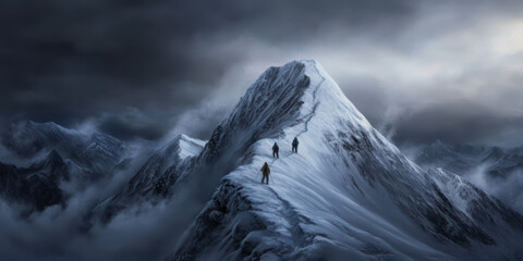 Mountaineers climbing towards the summit of a snowy peak