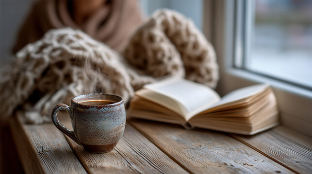 Gem&uuml;tliche Lesestunde mit hei&szlig;em Kaffee am Fenster &ndash; warme Winterstimmung