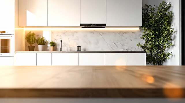 A modern kitchen showcases a sleek wooden table in the foreground, adorned with green plants on the counter. The kitchen and plants create an inviting atmosphere for meal preparati