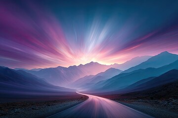 Blurred light beams over mountains, road