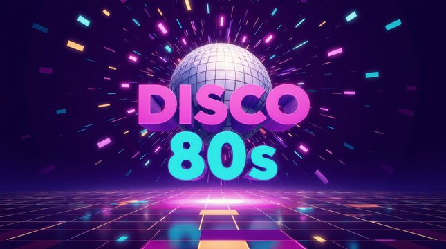 Colorful disco 80s themed illustration with vibrant lights and a shining disco ball