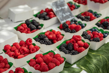 Ripe raspberries at the Cours Saleya provencal farmers market in Nice, France