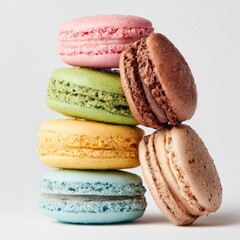 Stack of colorful macaroons on a white backdrop