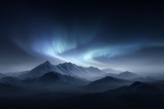 aurora borealis painting, surreal night scene digital painting with glowing aurora over high mountain range - Powered by Adobe