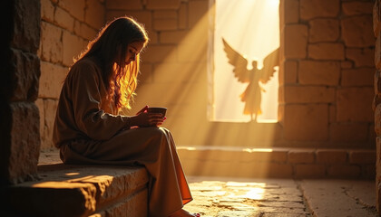 Scene from the Bible shows young woman sitting by window, with sunlight streaming in, and angel with wings. Scene depicts religious moment, with contemplative mood.
