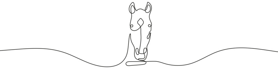 Horse in one line art style. Horse head drawing with editable black stroke on white background. Vector illustration.