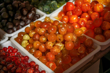 Whole candied figs on display at the Cours Saleya farmers market in Nice, France
