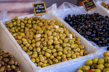 Cured olives for sale at the farmers market in Old Town of Nice, South of France