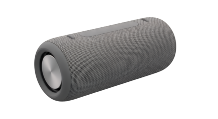 High-fidelity portable audio device featuring a stylish grey textile finish and sleek metallic accents, shown in detail on a white backdrop  isolated on a clean transparent background