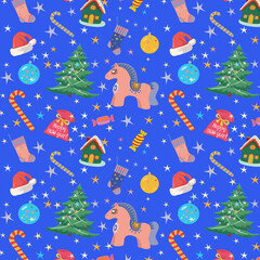 Pattern with a cute stylized horse, Christmas tree, gift socks, fairytale house, candies, Christmas tree ball, Santa's bag, Santa's hat for wrapping paper and textiles.