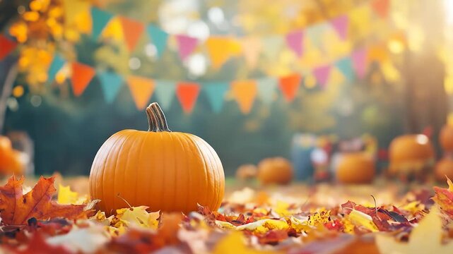 A large orange pumpkin sits amid colorful autumn leaves in a festive outdoor setting. The vibrant pumpkin and leaves create a charming atmosphere for fall festivities.