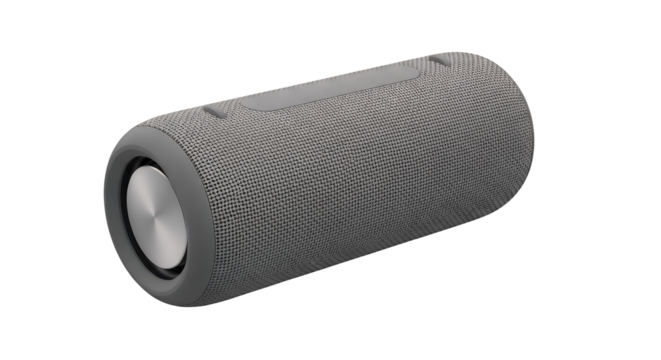 High-fidelity portable audio device featuring a stylish grey textile finish and sleek metallic accents, shown in detail on a white backdrop  isolated on a clean transparent background