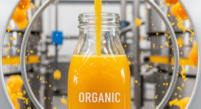 Freshly pressed organic orange juice in a glass bottle with visible pulp in a modern production facility setting - Powered by Adobe