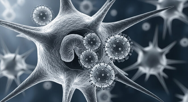 Engulfment of inactivated virus particles by dendritic immune cells in a laboratory setting - Powered by Adobe