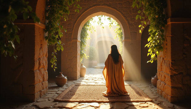 Biblical scene with person in yellow robe walking through archway into bright sunlight. Biblical scene recreates figure going into light, with plants hanging above.