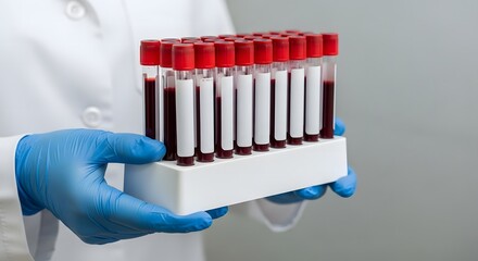 Person in gloves holding blood samples in tubes for medical examination