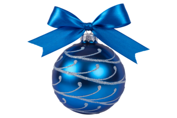 Elegant blue Christmas ornament with silver glitter swirls and matching ribbon bow, perfect for holiday decorations and festive designs
