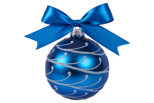 Elegant blue Christmas ornament with silver glitter swirls and matching ribbon bow, perfect for holiday decorations and festive designs - Powered by Adobe