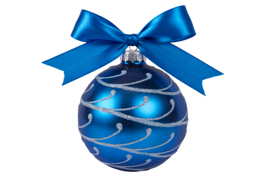 Elegant blue Christmas ornament with silver glitter swirls and matching ribbon bow, perfect for holiday decorations and festive designs