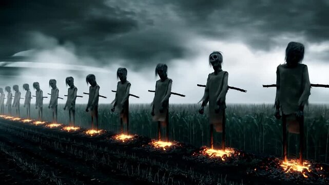 A Sinister Procession of Burning Scarecrows in a Stormy Field.