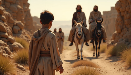 Biblical scene shows young boy with biblical scene set on desert path. Biblical scene includes mounted men and other figures walking near sandstone cliffs in sun. Depicts ancient Middle East,