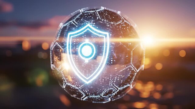 A glowing digital soccer ball floats in the air with a shield symbol, symbolizing protection in the world of sports. This futuristic soccer ball showcases technology and innovation - Powered by Adobe
