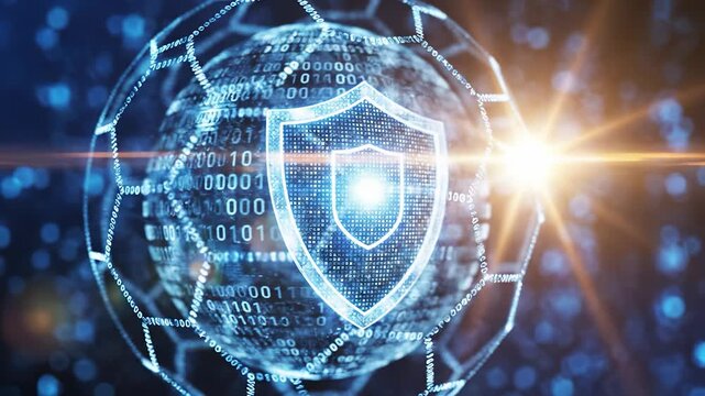A digital globe is displayed with a glowing shield symbol, emphasizing security in the virtual world. This globe represents technology and data protection in a connected environmen