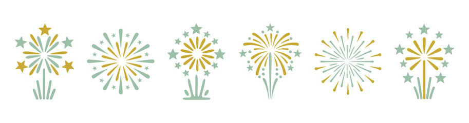 Fireworks icons set. New Year festive fireworks