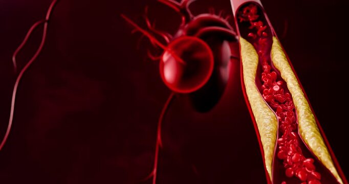 Detailed 3D visualization of vascular blockage caused by unhealthy eating habits, including fast food, sugary drinks, alcohol abuse, and trans fats, contributing to heart attacks and strokes.