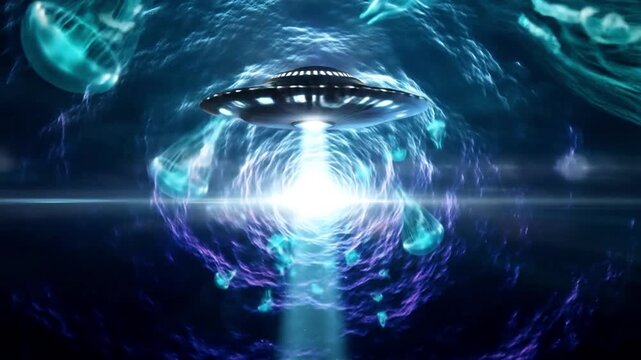 Futuristic UFO Navigates A Glowing Interdimensional Cosmic Tunnel.