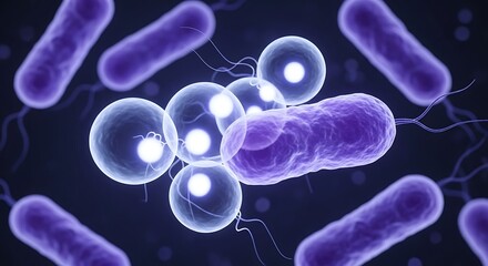 Microscopic view of various purple and blue microorganisms, including rod-shaped bacteria with flagella and spherical cells, representing microbiology and cellular life