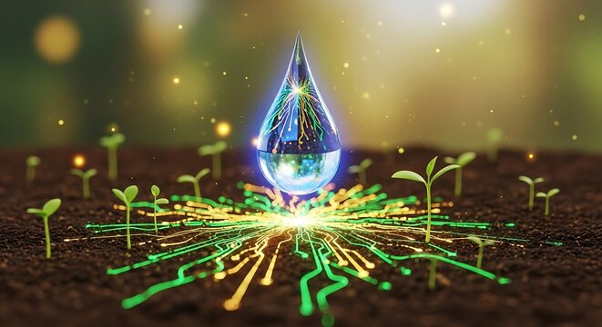 Digital innovation in agriculture: futuristic glowing water droplet with circuit patterns nurtures green sprouts, symbolizing sustainable growth and smart farming technology - Powered by Adobe