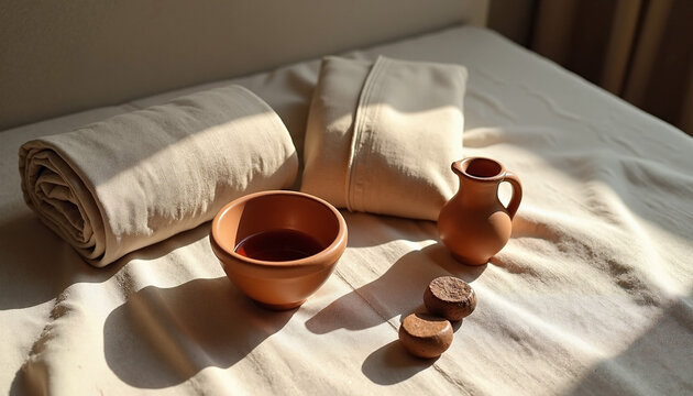 Religious foot washing scene displays earthenware jug, wooden bowl with water, and towel. Foot washing ritual is common symbol in Christianity, often used during Holy Week, Maundy Thursday services.
