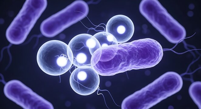 Microscopic view of various purple and blue microorganisms, including rod-shaped bacteria with flagella and spherical cells, representing microbiology and cellular life
