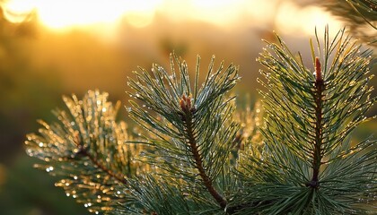 Close Up Of Dew Covered Pine Needles Highlighting Intricate Details Under Soft Morning Light Nature Photography