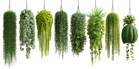 Assorted hanging plants with trailing greenery, isolated