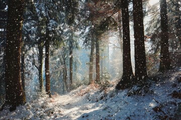 Snowflakes dance in sunlight as a winter trail through the forest invites cozy adventures and serene moments among towering trees