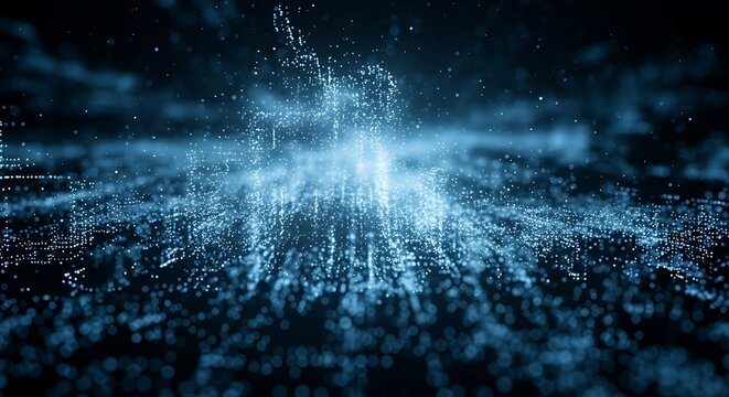 Abstract blue digital background, featuring dynamic glowing particles representing data flow, network connectivity, and technological innovation in a futuristic information space.