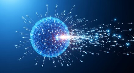 Microscopic blue cellular structure emitting bright, energetic particles, symbolizing advanced scientific research, medical innovation, data flow, technological progress, and discovery.